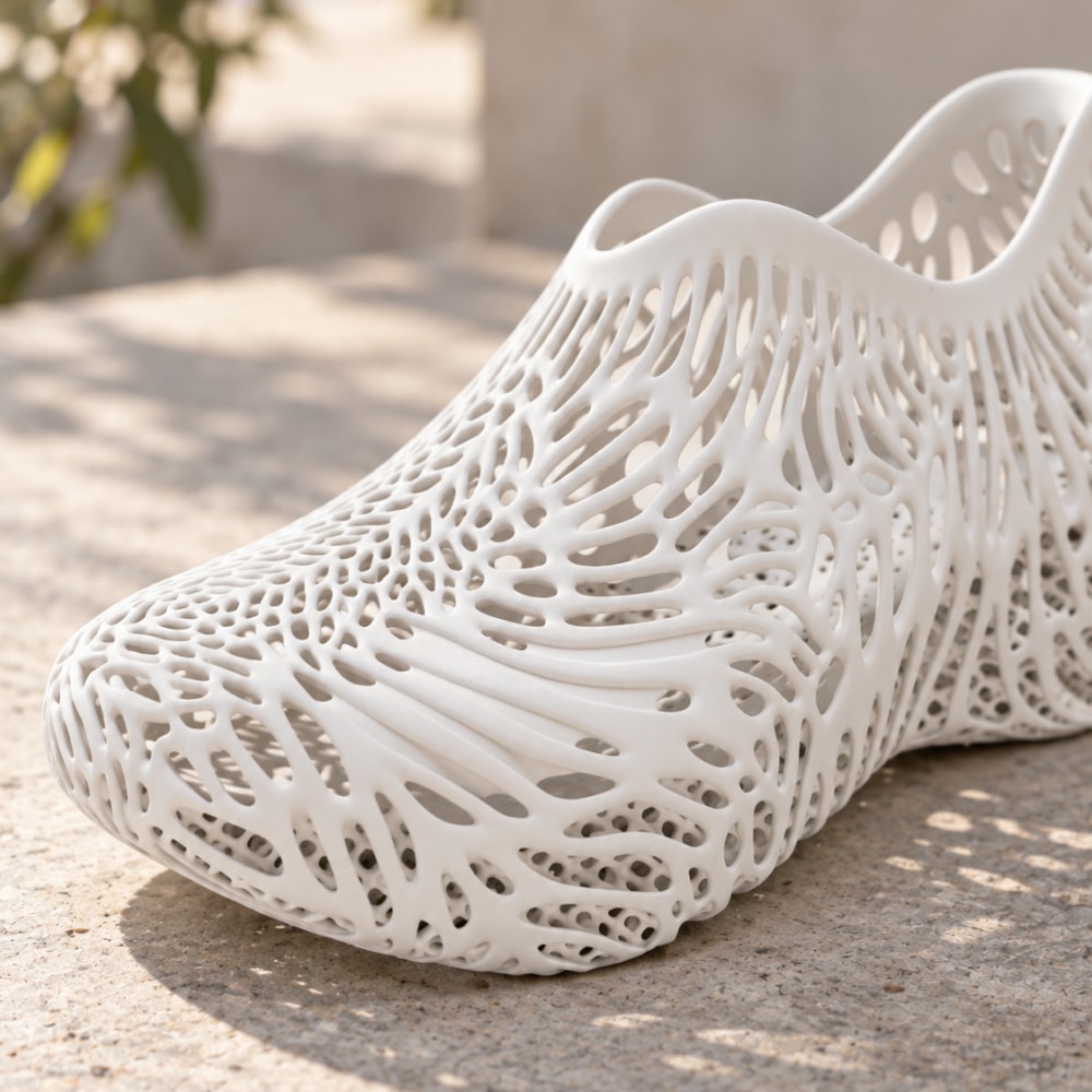 A white 3D-printed slip-on shoe with an intricate, open lattice structure, resting on a sunlit concrete surface.