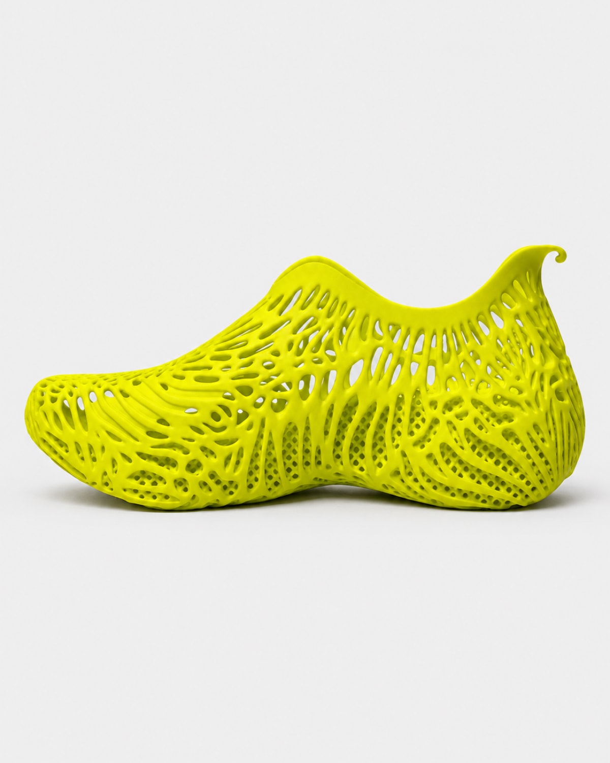 A bright neon yellow-green, fully open-toe, and highly textured mesh-water shoe shown in a side profile on a light gray background.