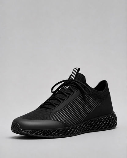 A black athletic sneaker with a textured knit upper, black laces, and a sculpted 3D-printed sole, shown against a neutral gray background.