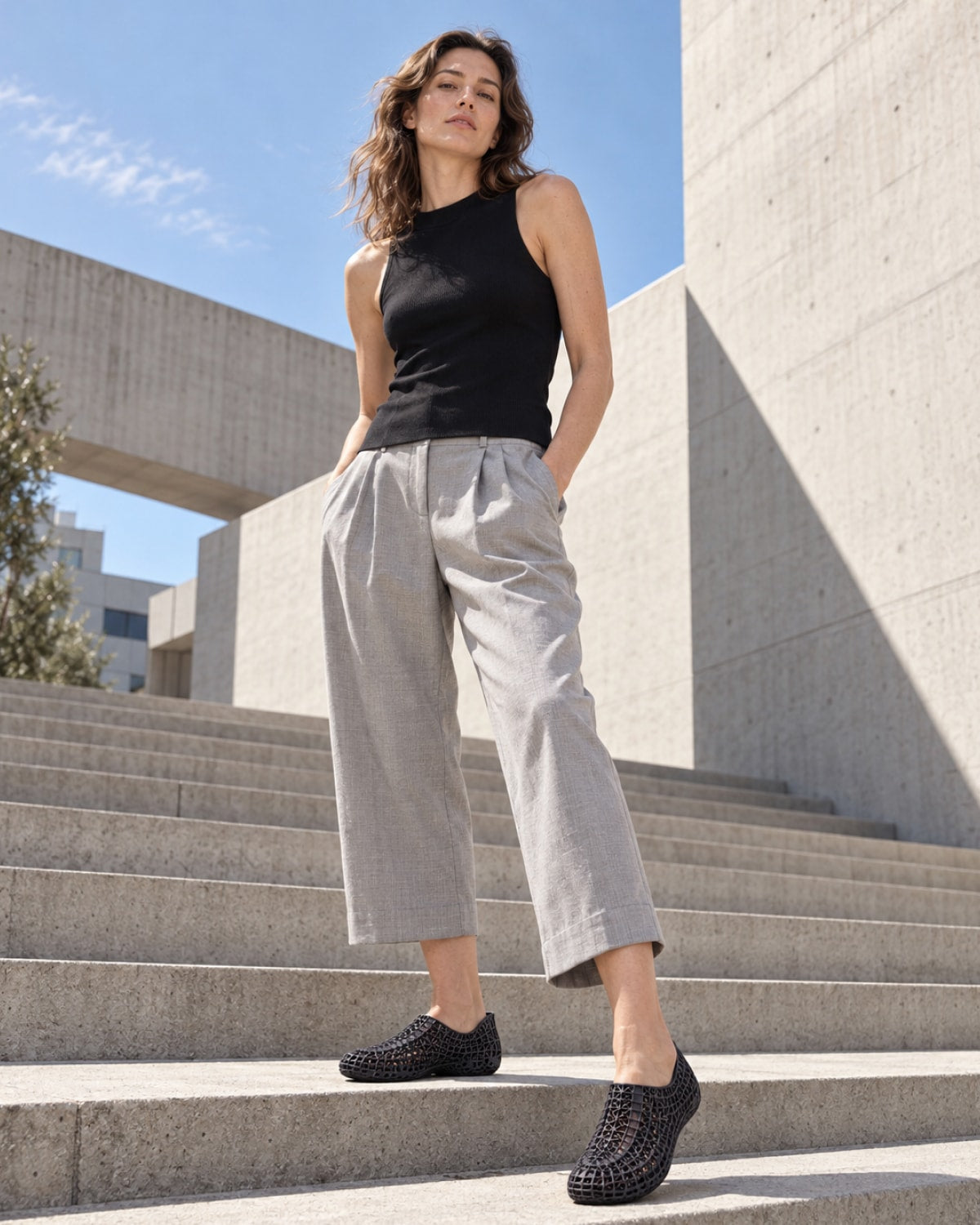 A woman stands on outdoor concrete stairs wearing a black sleeveless top, light gray cropped wide-leg pants, and black woven slip-on shoes.